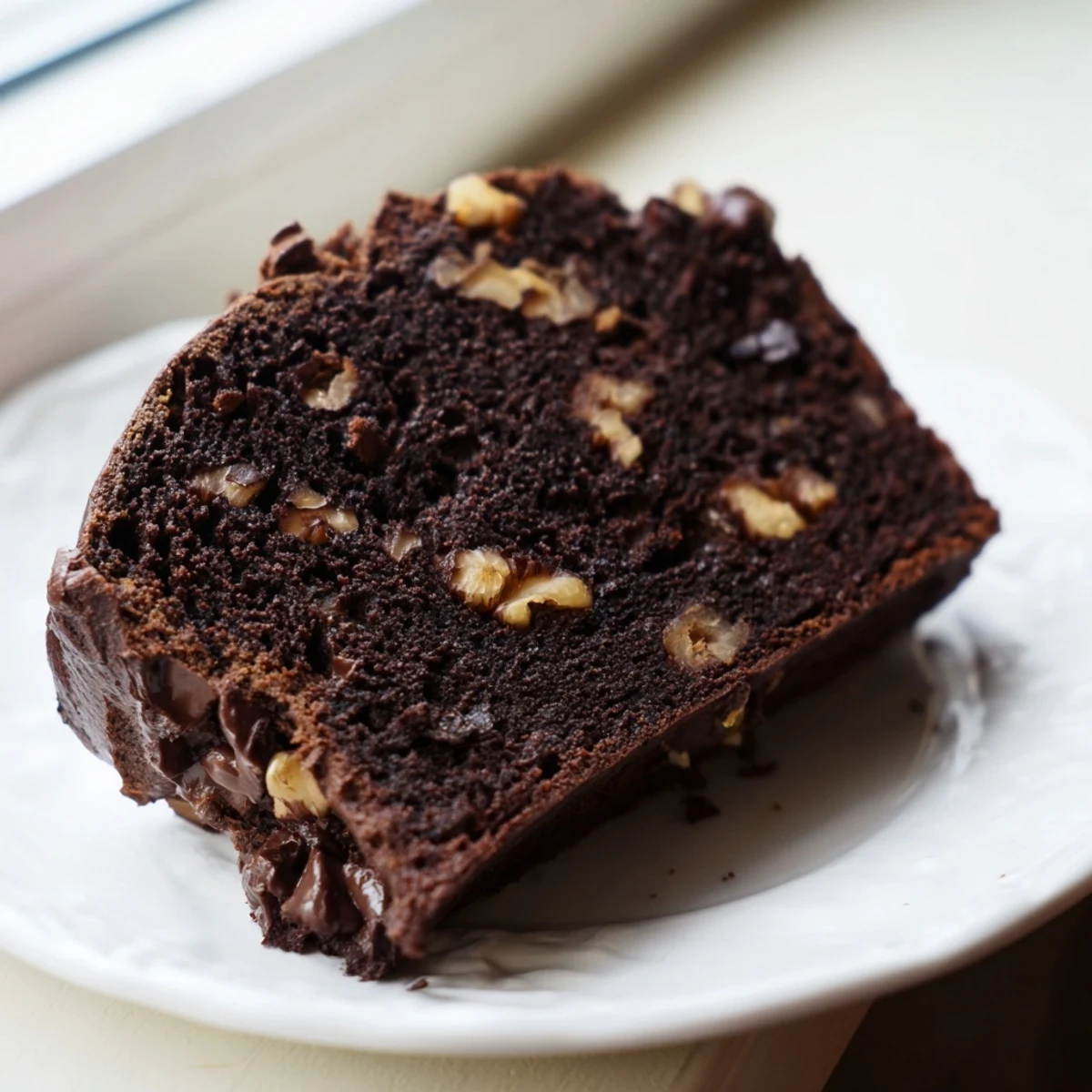 A slice of moist Chocolate Banana Bread shows melted chocolate chips and rich cocoa crumb on a white plate.