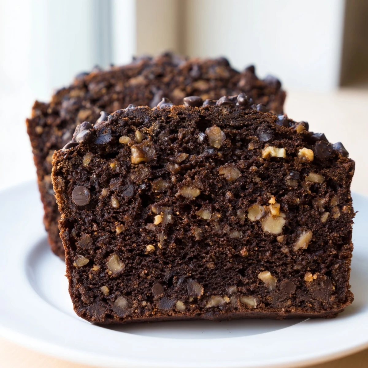Fudgy Chocolate Banana Bread topped with walnuts, served with a glass of milk for a cozy breakfast or snack.