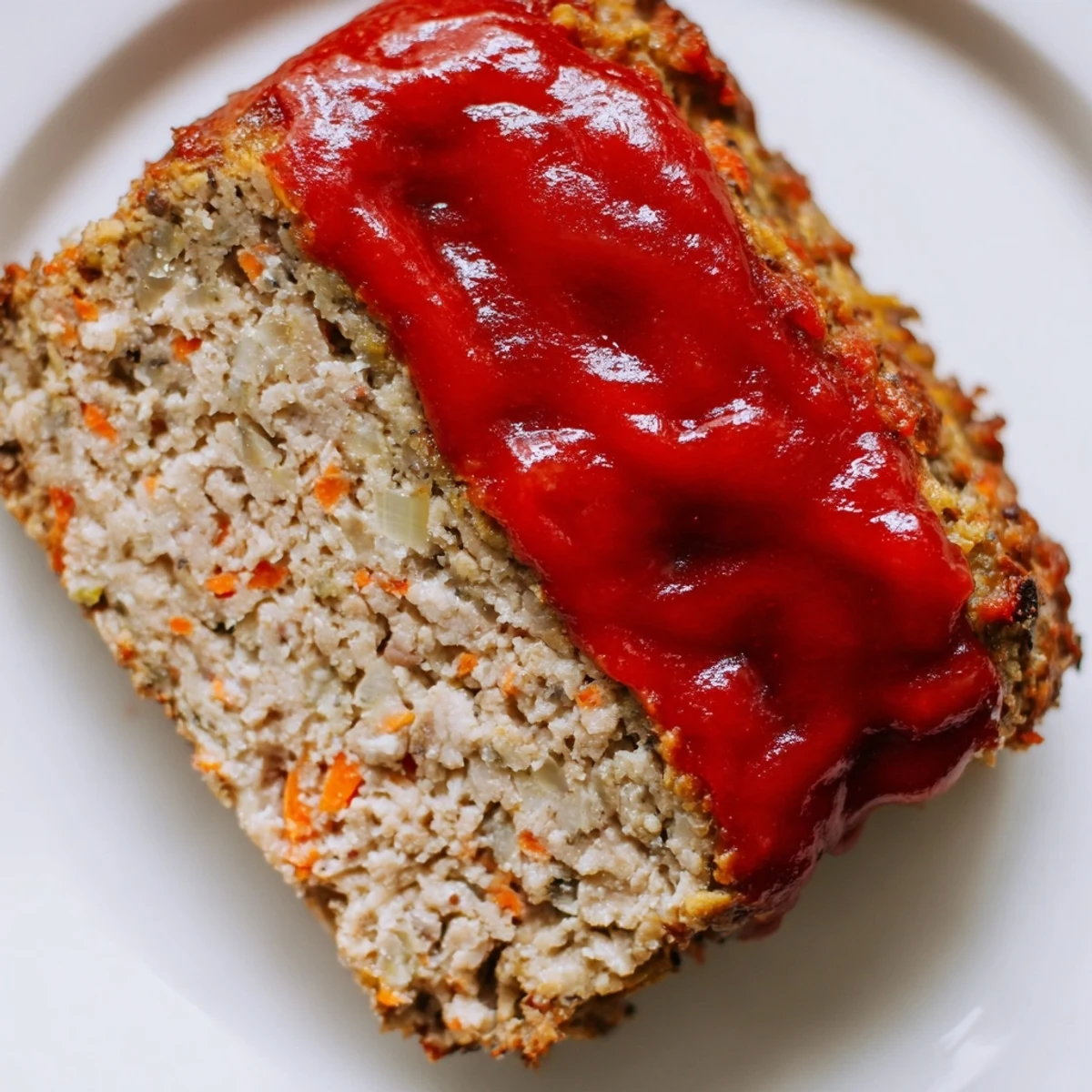 Golden-brown turkey loaf slice on a white plate, drizzled with ketchup and garnished with fresh thyme for a savory dinner.