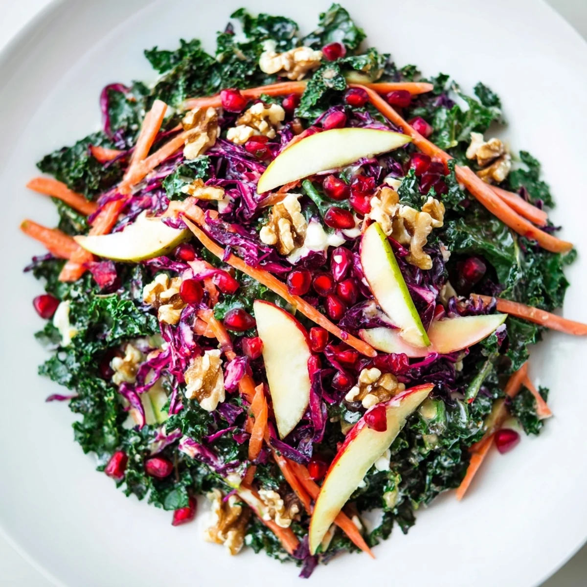 Crisp Winter Salad Mix featuring apple slices, jewel-like pomegranate seeds, and walnuts on a rustic plate.