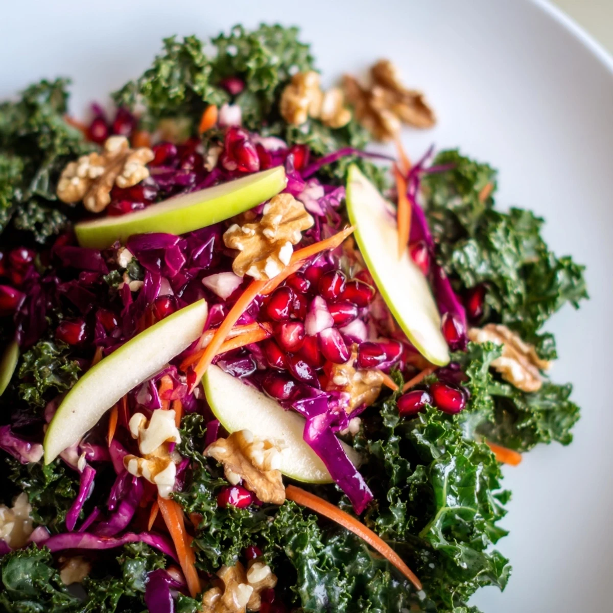 Bright Winter Salad Mix with kale, crunchy cabbage, and julienned carrots tossed in a tangy vinaigrette.