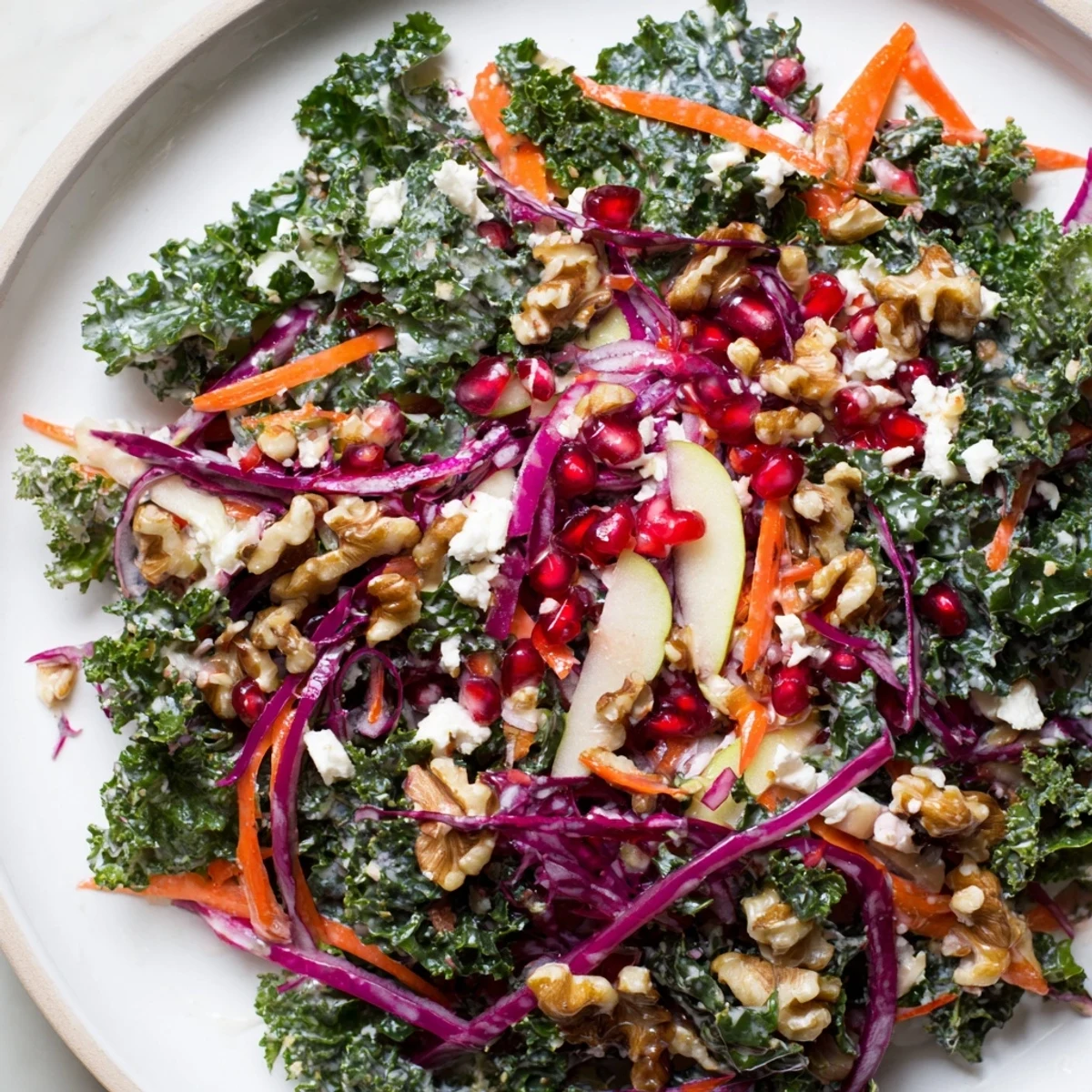 Freshly tossed Winter Salad Mix topped with feta and walnuts, served as a light vegetarian lunch.