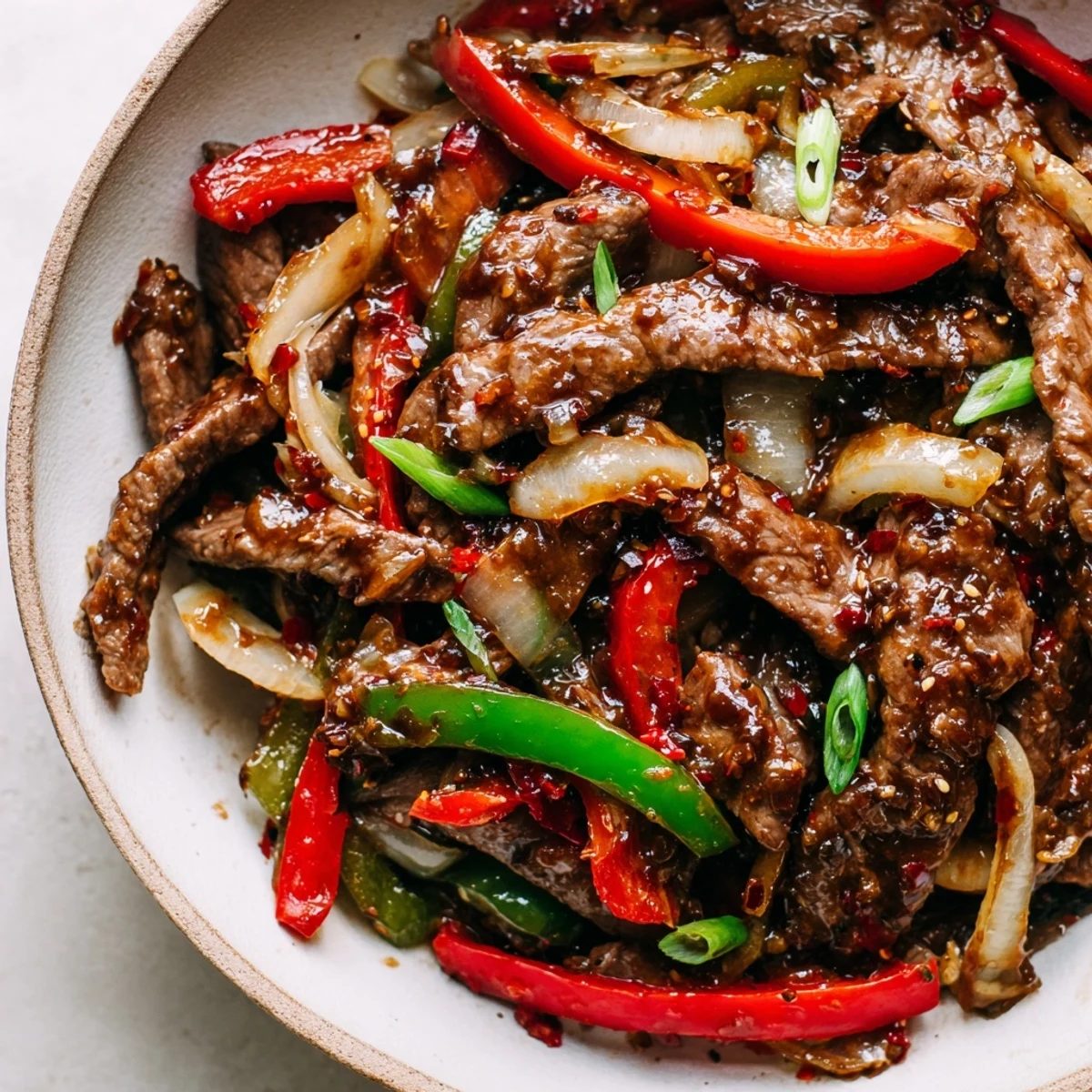 Tender beef strips and colorful vegetables for Spicy Stir Fry Beef being tossed in a wok with chopsticks, showcasing a vibrant, saucy weeknight dinner.