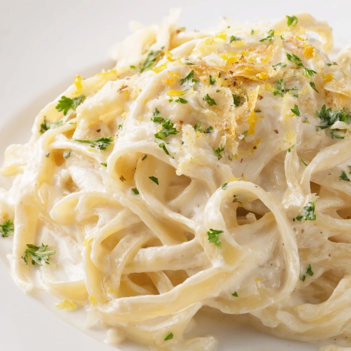 Creamy Sauce over Pasta twirled on a fork, glistening with velvety sauce and fresh parsley garnish.