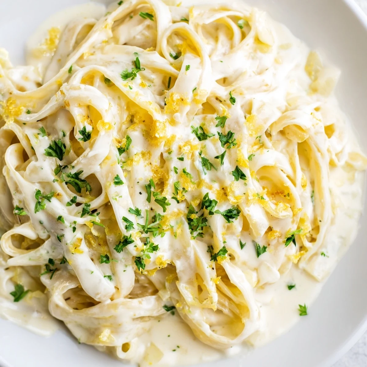Steaming skillet of Creamy Sauce over Pasta with Parmesan and garlic, served warm in a white bowl.