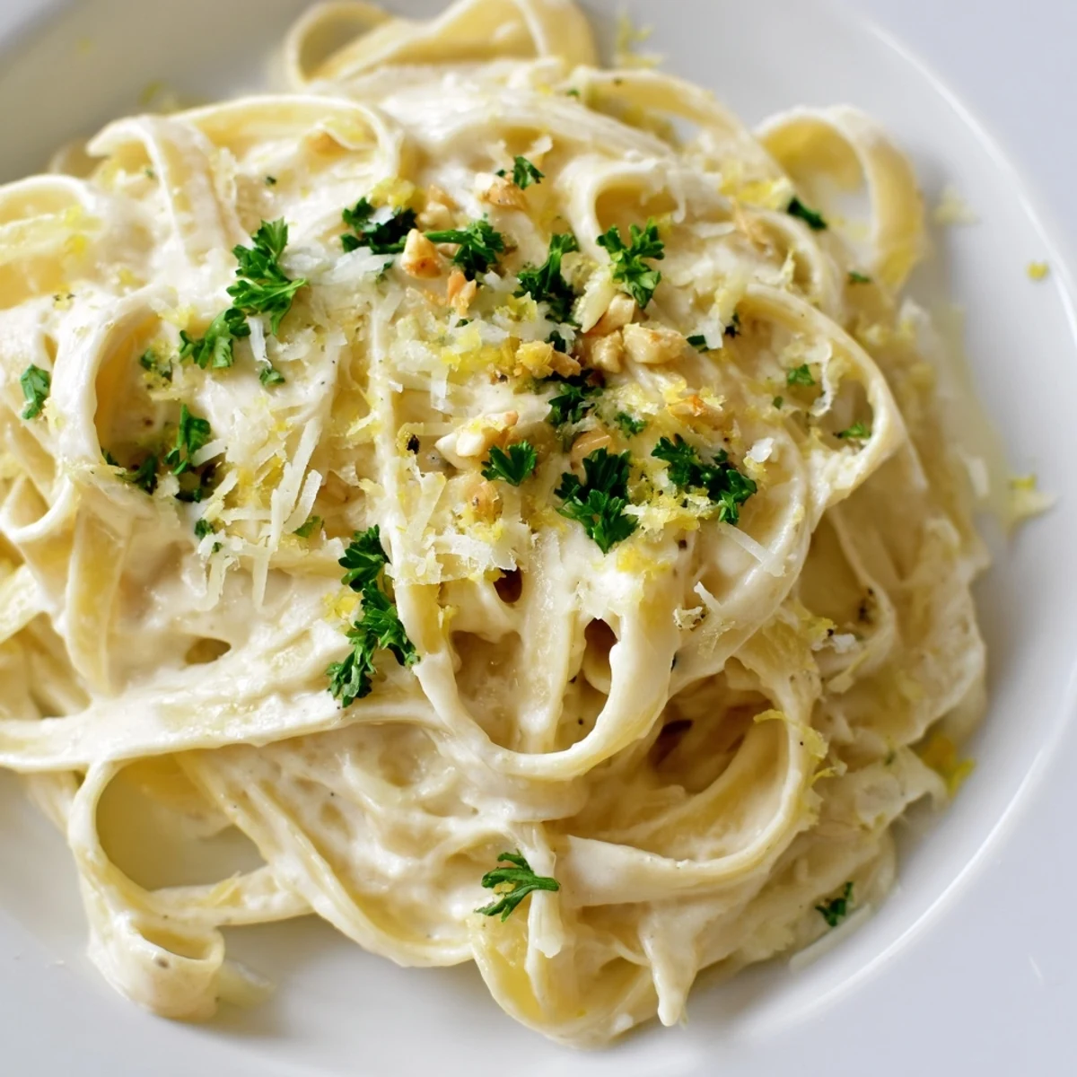 Fettuccine coated in Creamy Sauce over Pasta, topped with extra grated Parmesan and lemon zest.