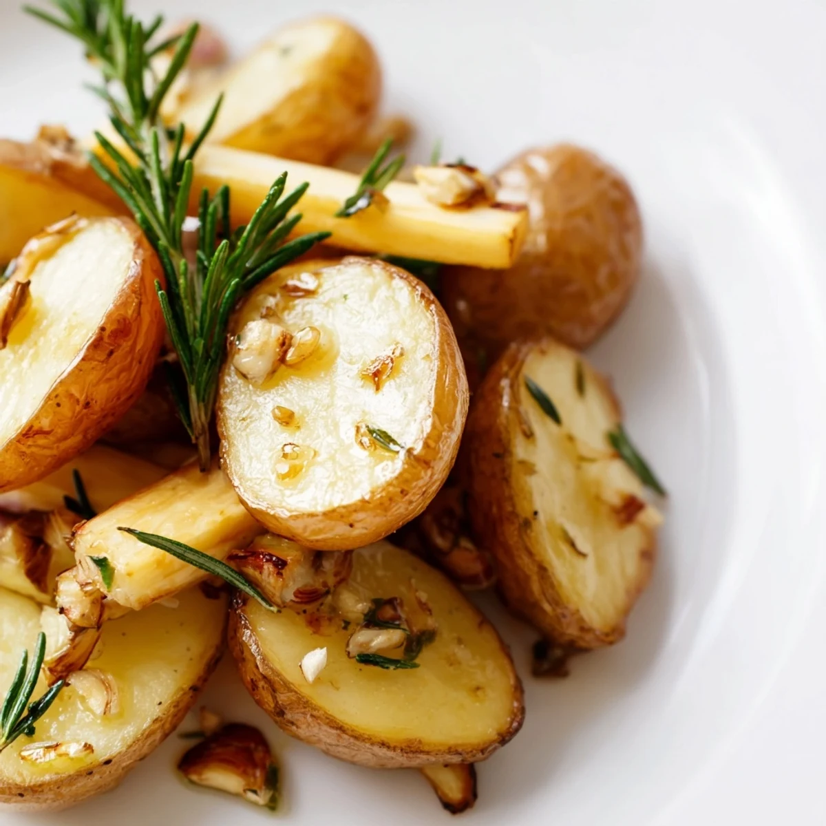 Fragrant rosemary and thyme coat golden brown Herb Roasted Potatoes and Parsnips fresh from the oven.