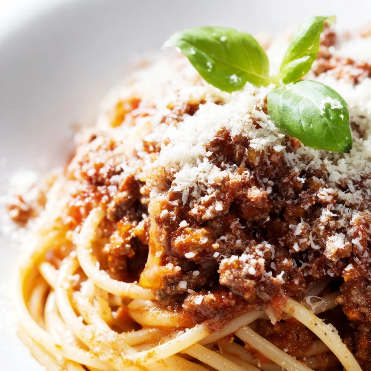 Close-up of rich, slow-simmered Beef Bolognese sauce ladled over al dente spaghetti, garnished with fresh basil and Parmesan cheese.