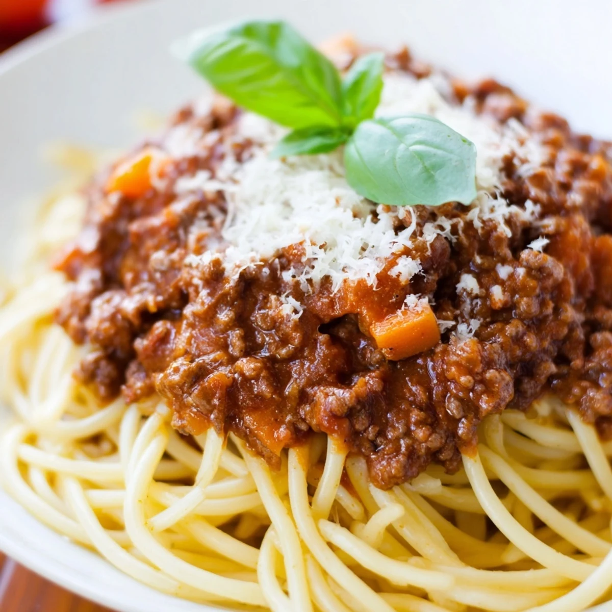 A hearty bowl of Beef Bolognese with spaghetti, served with a glass of red wine and crusty bread on the side.