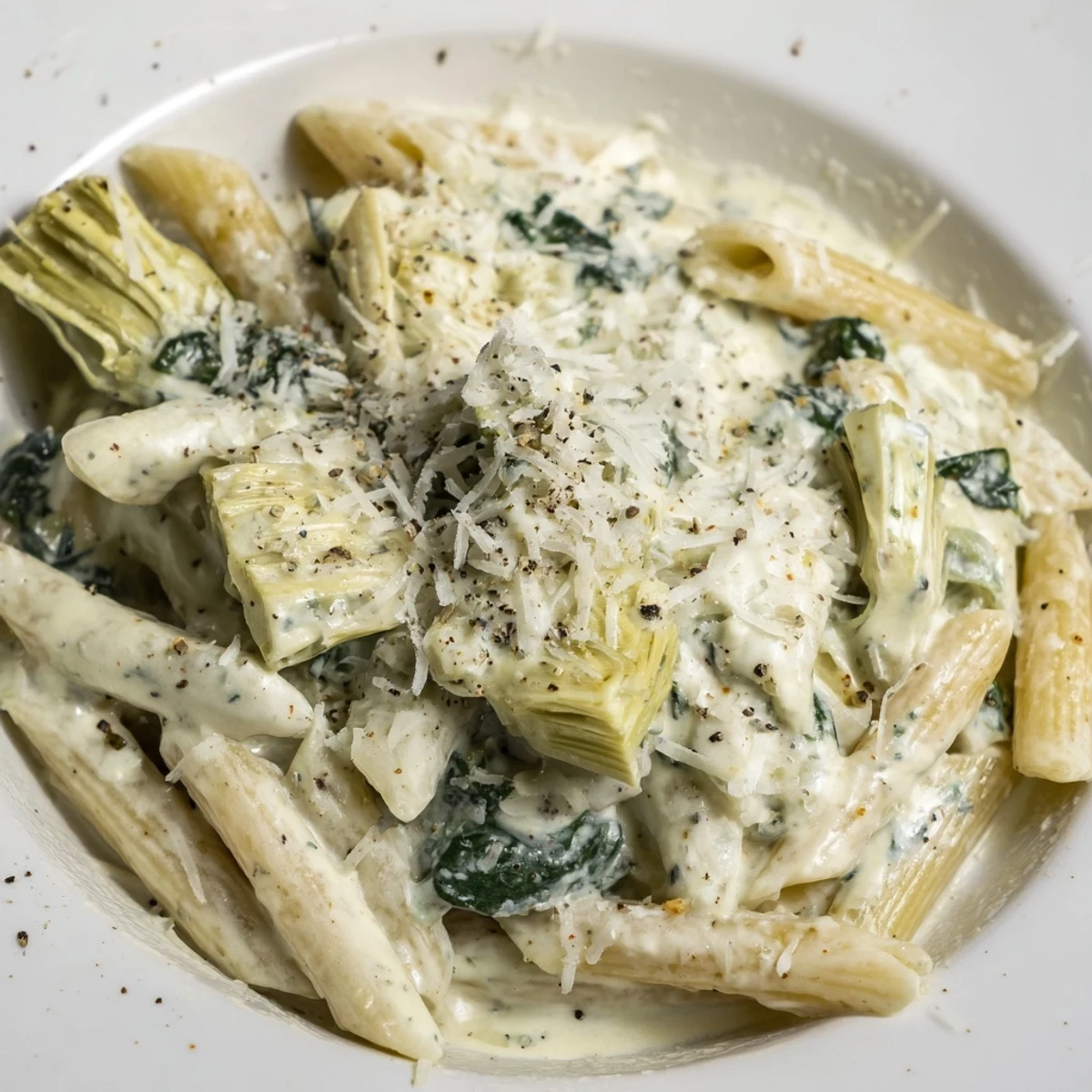 Creamy Spinach and Artichoke Penne served hot on a white plate, garnished with fresh parmesan and lemon zest.