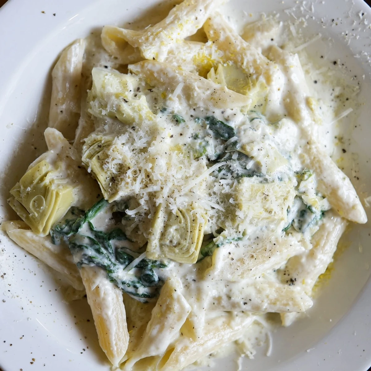 Easy vegetarian Creamy Spinach and Artichoke Penne tossed in a luscious parmesan cream sauce, perfect for weeknight dinner.