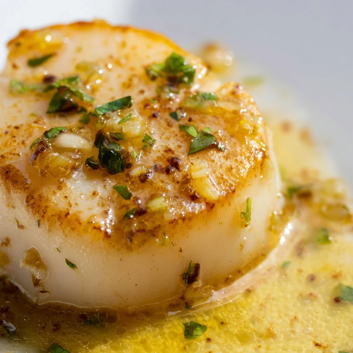 Golden-brown Lemon Garlic Seared Scallops resting in a buttery, zesty pan sauce with fresh parsley garnish.