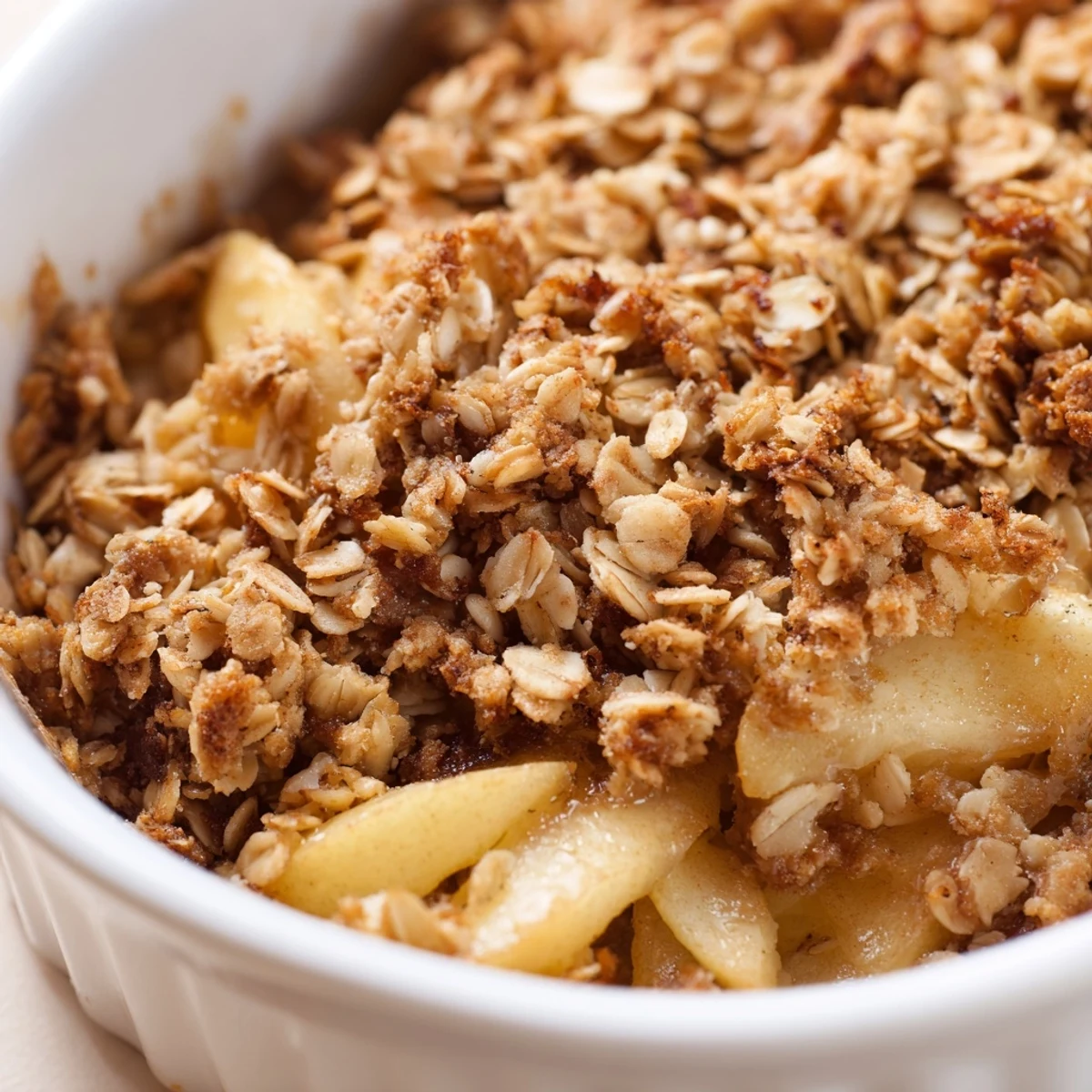 Freshly baked apple crisp with granola topping bubbling in a dish, served warm with a scoop of vanilla ice cream melting on top.