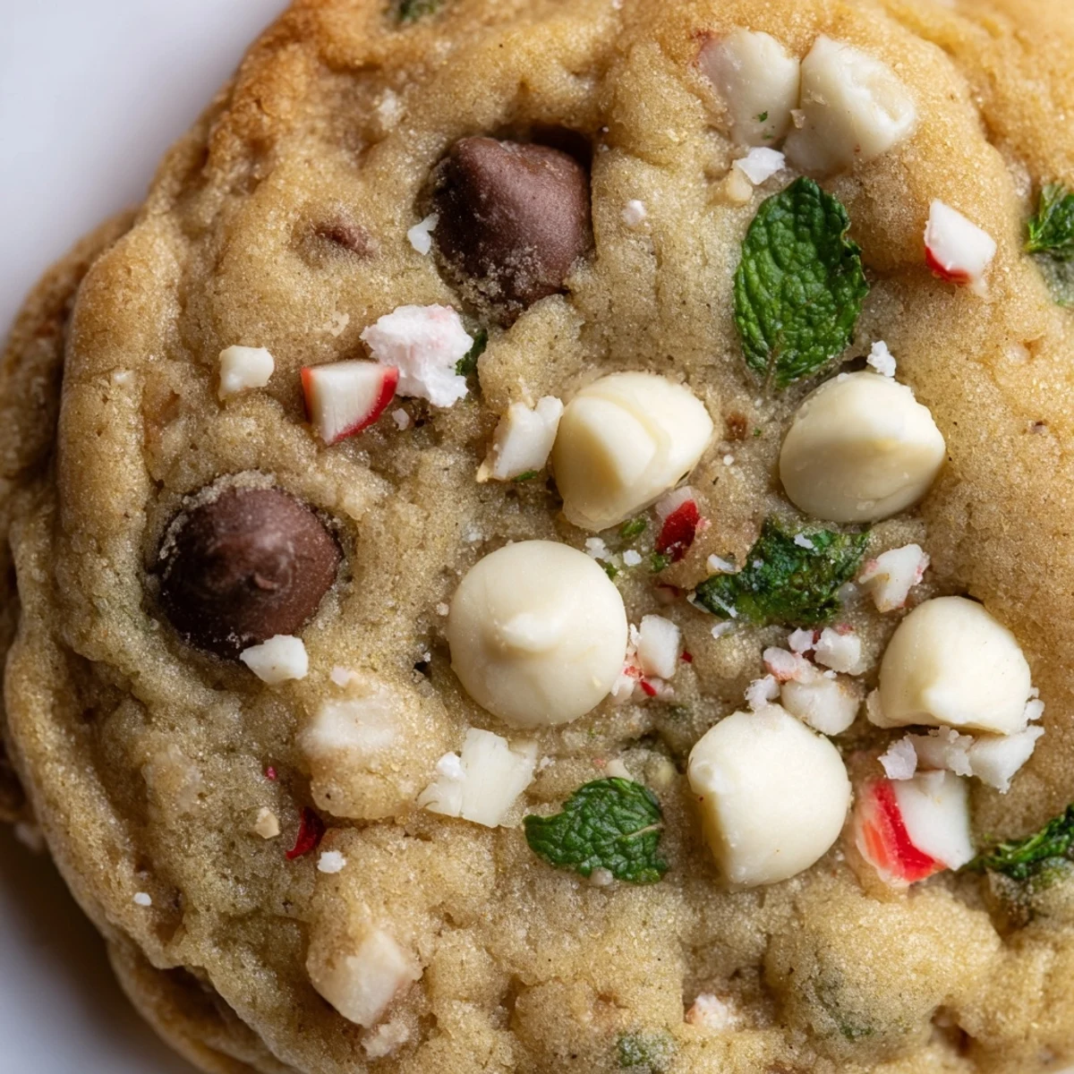 Freshly baked Peppermint Chocolate Chip Cookies with Mint on a cooling rack, golden edges and melted chocolate chips visible.