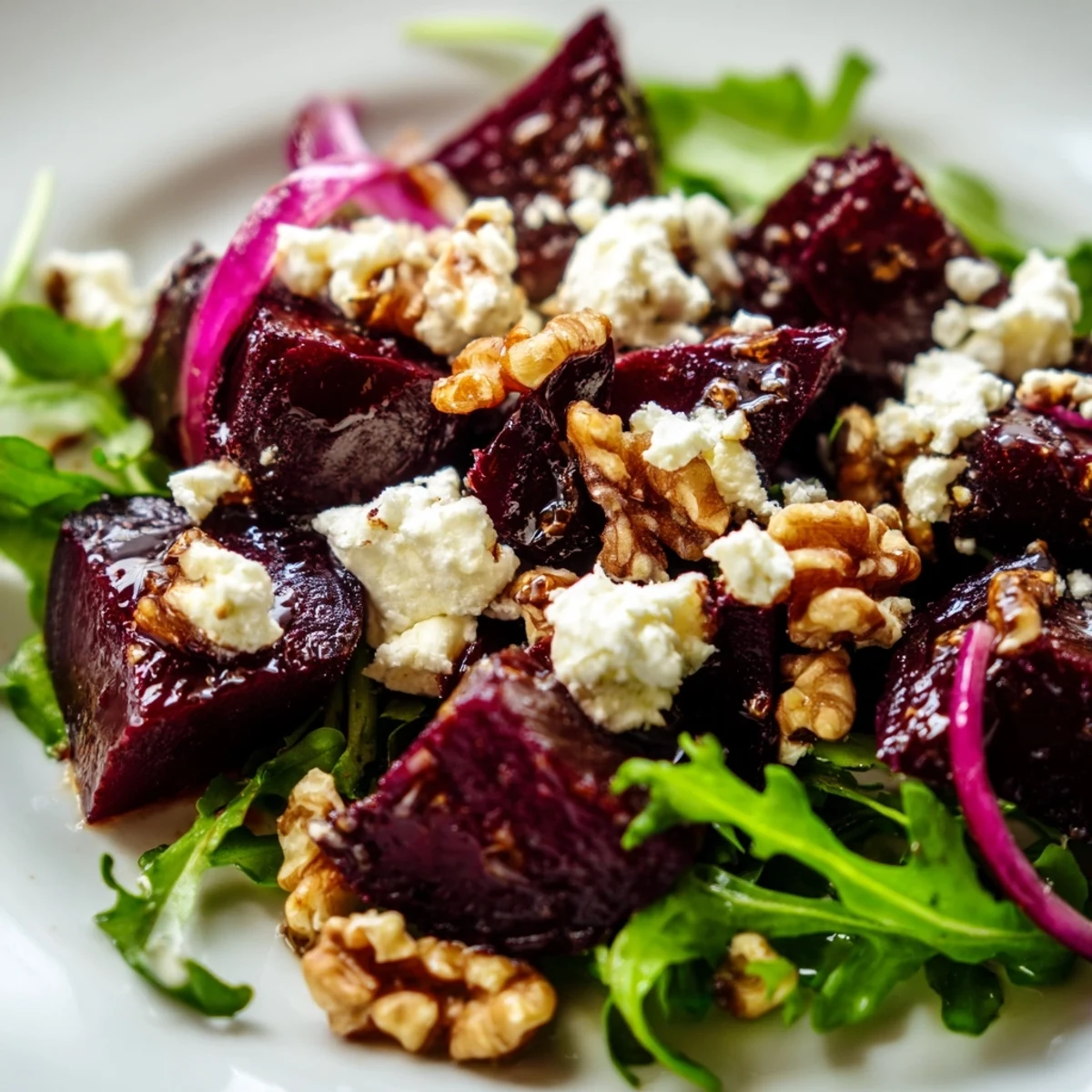 Roasted Beet and Walnut Salad with Arugula features ruby red beets and creamy goat cheese on a bed of fresh greens.