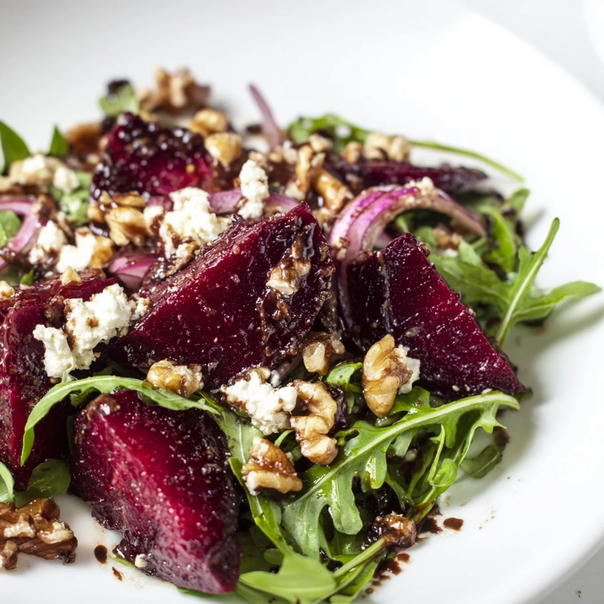 Golden toasted walnuts add crunch to the Roasted Beet and Walnut Salad with Arugula, finished with a balsamic glaze.