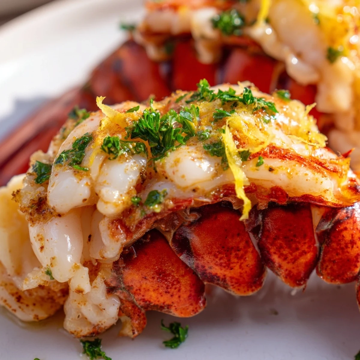 Buttery Garlic Butter Lobster Tails with Lemon garnished with fresh parsley and lemon wedges.