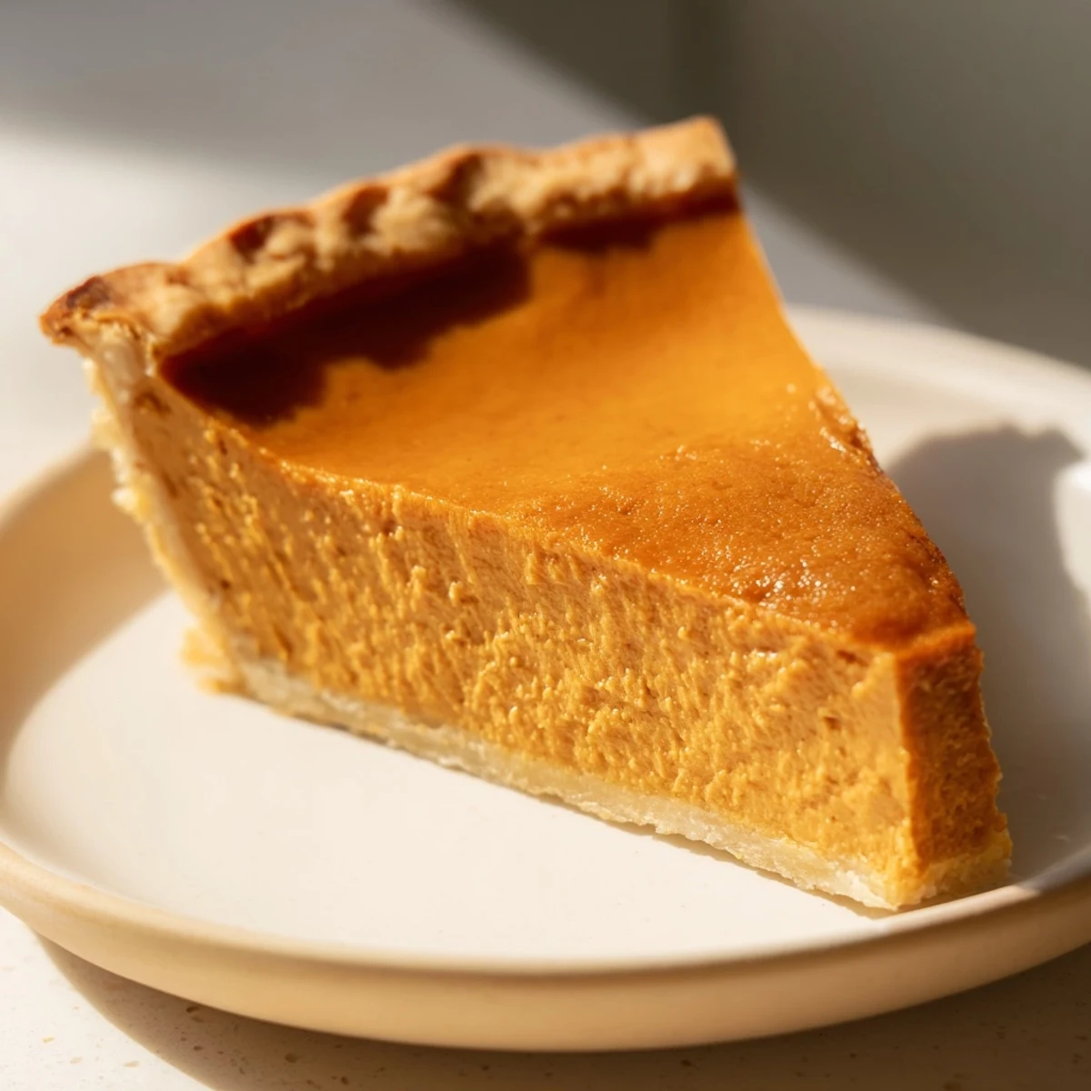 Slice of warm Spiced Pumpkin Pie served on a rustic plate, ready for a dollop of whipped cream. 