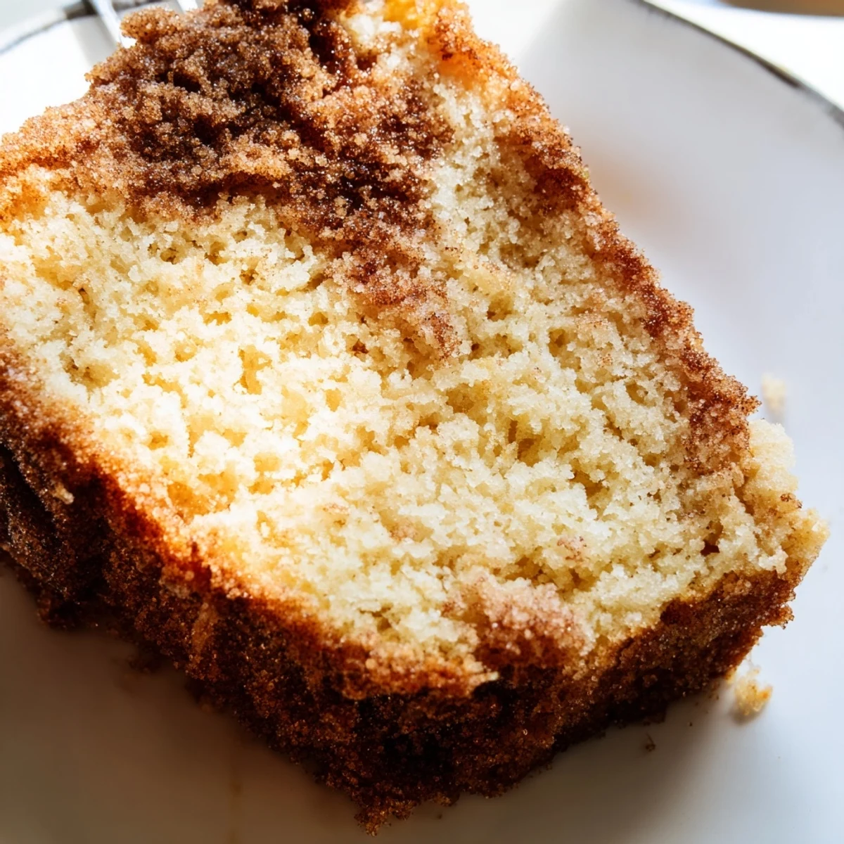A thick slice of Sugar-Crusted Vanilla Loaf Cake on a plate, ready to be enjoyed with a hot cup of coffee.