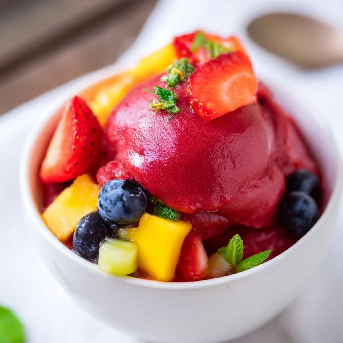 A chilled scoop of Cranberry Sorbet with Fruit shows a smooth texture, topped with sliced strawberries, blueberries, and mango.