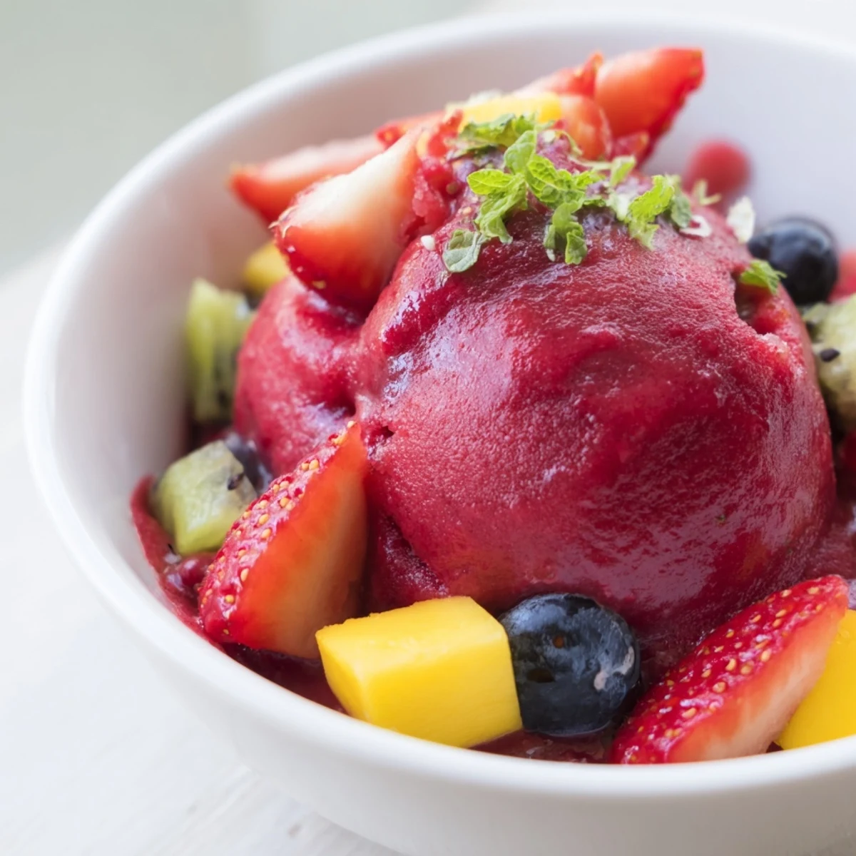 Vibrant red Cranberry Sorbet with Fruit is scooped into a glass bowl, garnished with fresh mint and juicy berries.