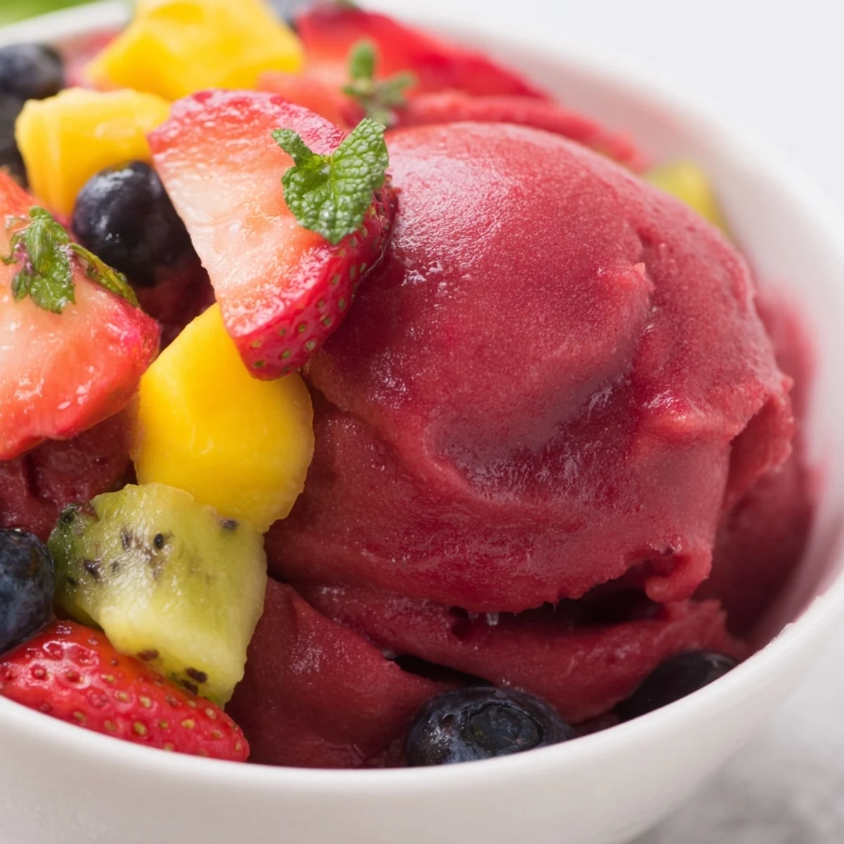 Bright orange zest flecks in this homemade Cranberry Sorbet with Fruit are topped with mixed berries and mint for serving.