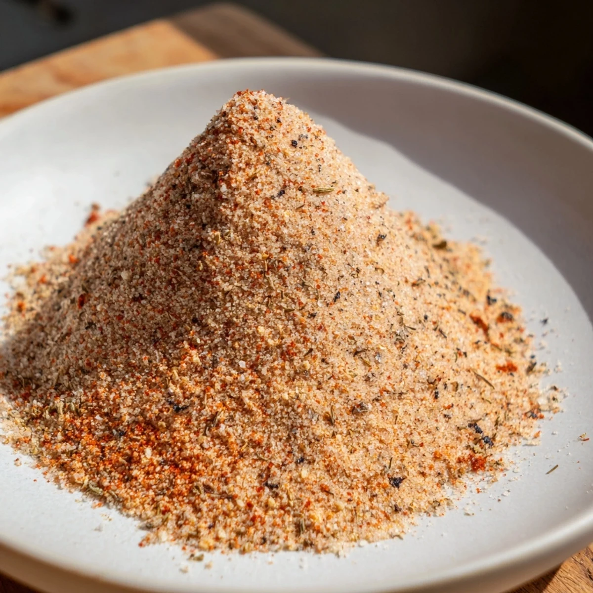 A close-up of the aromatic Spiced Salt with Pepper blend, featuring flecks of paprika and herbs in a clear glass jar.