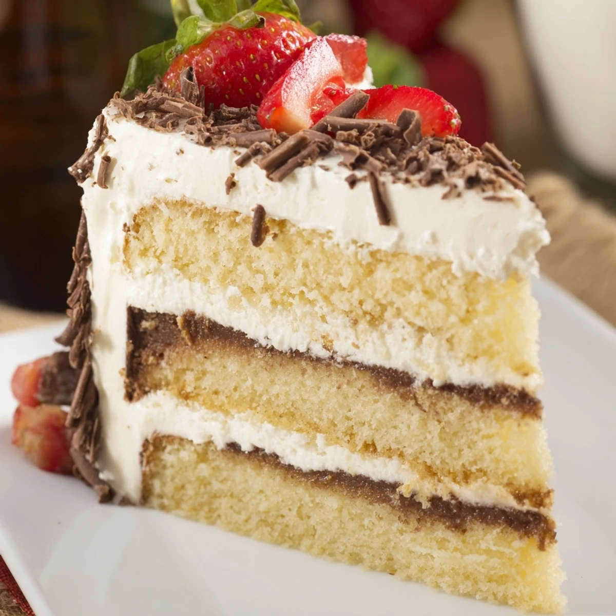 Freshly baked Creamy Layer Cake with three moist vanilla sponge layers stacked high, filled and frosted with rich cream cheese frosting.