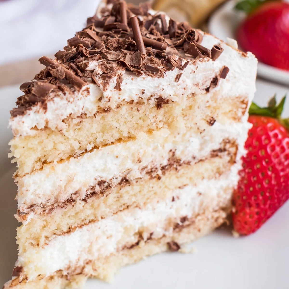 Slices of Creamy Layer Cake served on white plates, garnished with fresh berries and a dusting of powdered sugar for dessert.