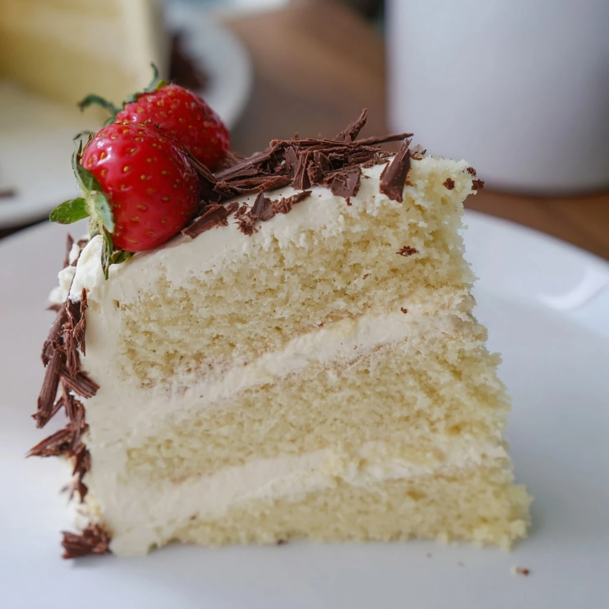 Decadent Creamy Layer cake ready to serve, featuring smooth creamy filling between fluffy layers and optional chocolate shavings on top.