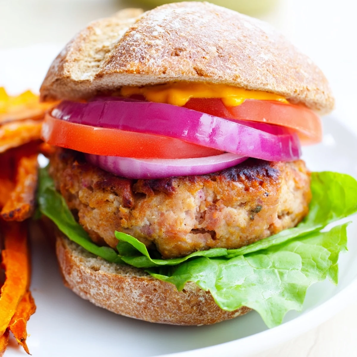 Assembled turkey burger with lettuce, tomato, and red onion slices, accompanied by golden, crunchy sweet potato fries on a rustic wooden platter.