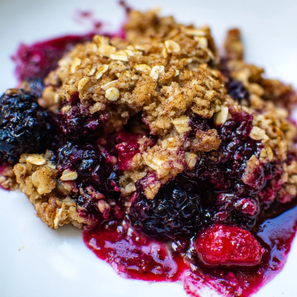 Bubbling mixed winter berries peek through a crunchy oat crumble in a baking dish, ready to be served warm.