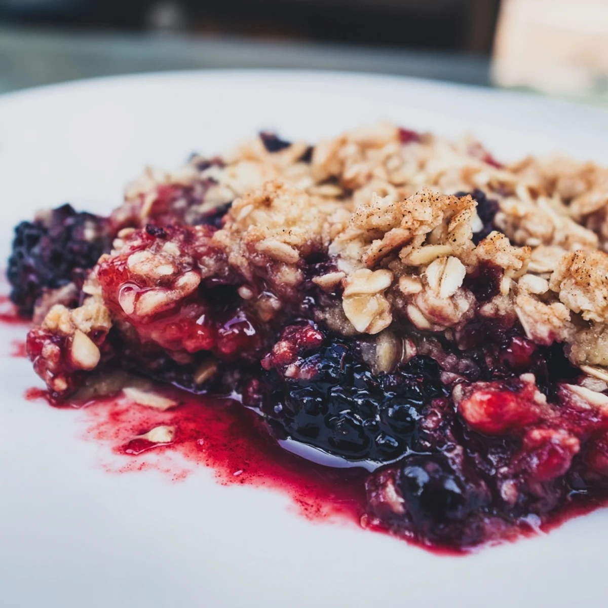 A scoop of vanilla ice cream melts over warm Winter Berry Crumble, bubbling berry juices pooling beneath a golden oat topping.