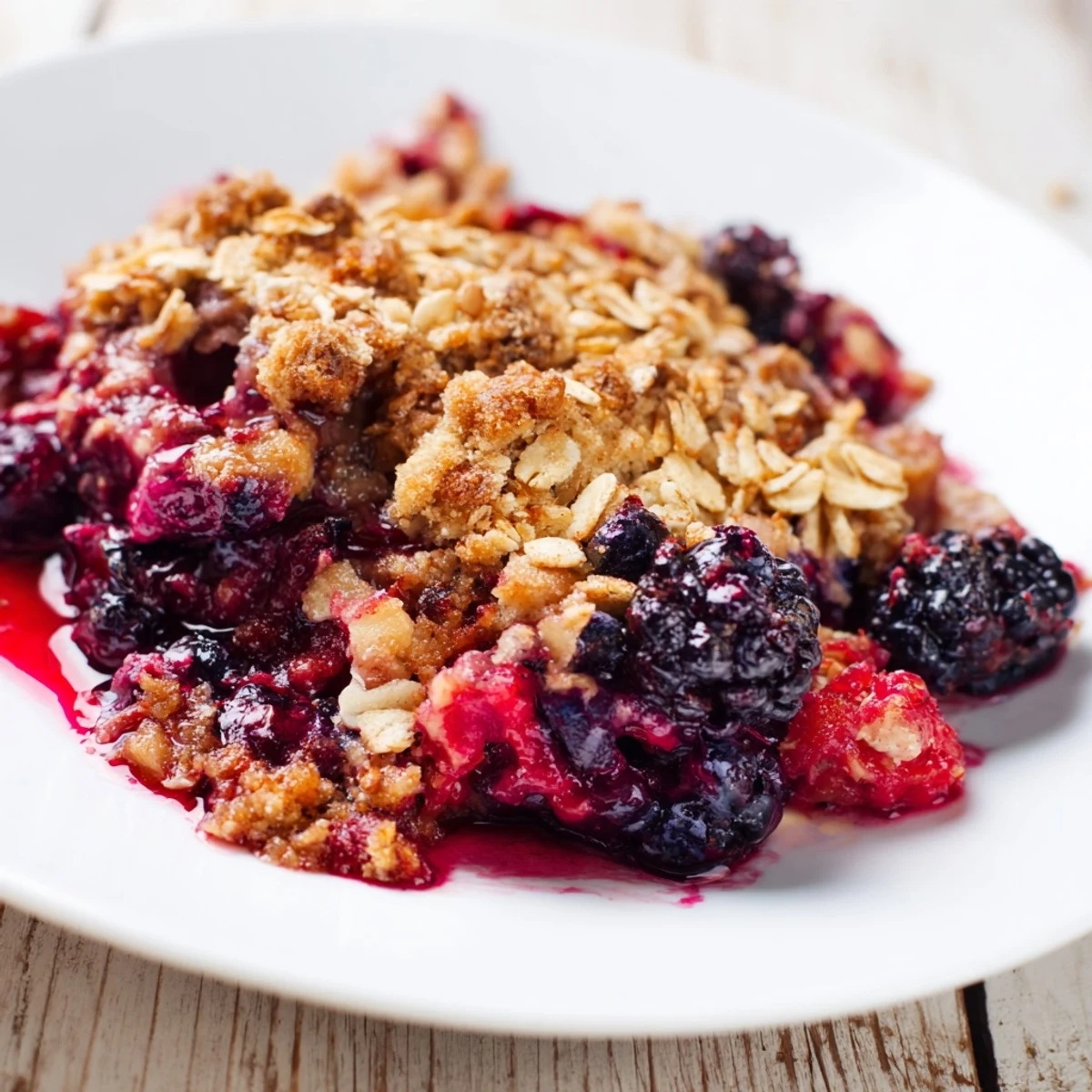 Close-up of rustic Winter Berry Crumble with oats, revealing deep purple berry filling and a textured, cinnamon-spiced topping.