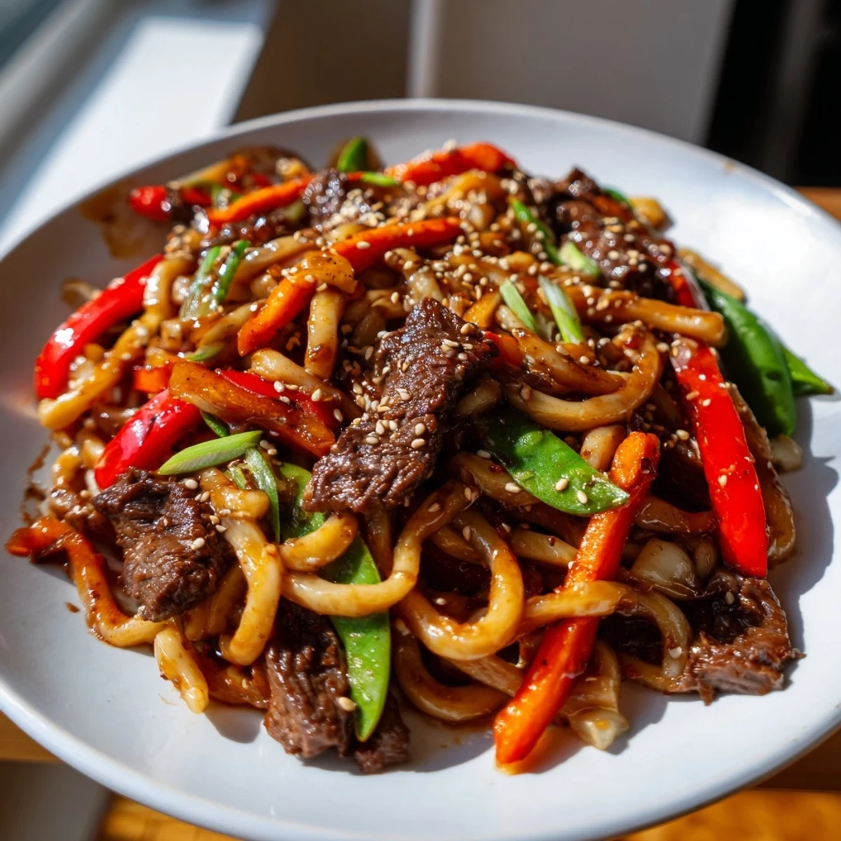 Tossing Spicy Beef Stir Fry with Udon Noodles in a hot wok, combining seared beef, fresh ginger, garlic, and colorful vegetables.