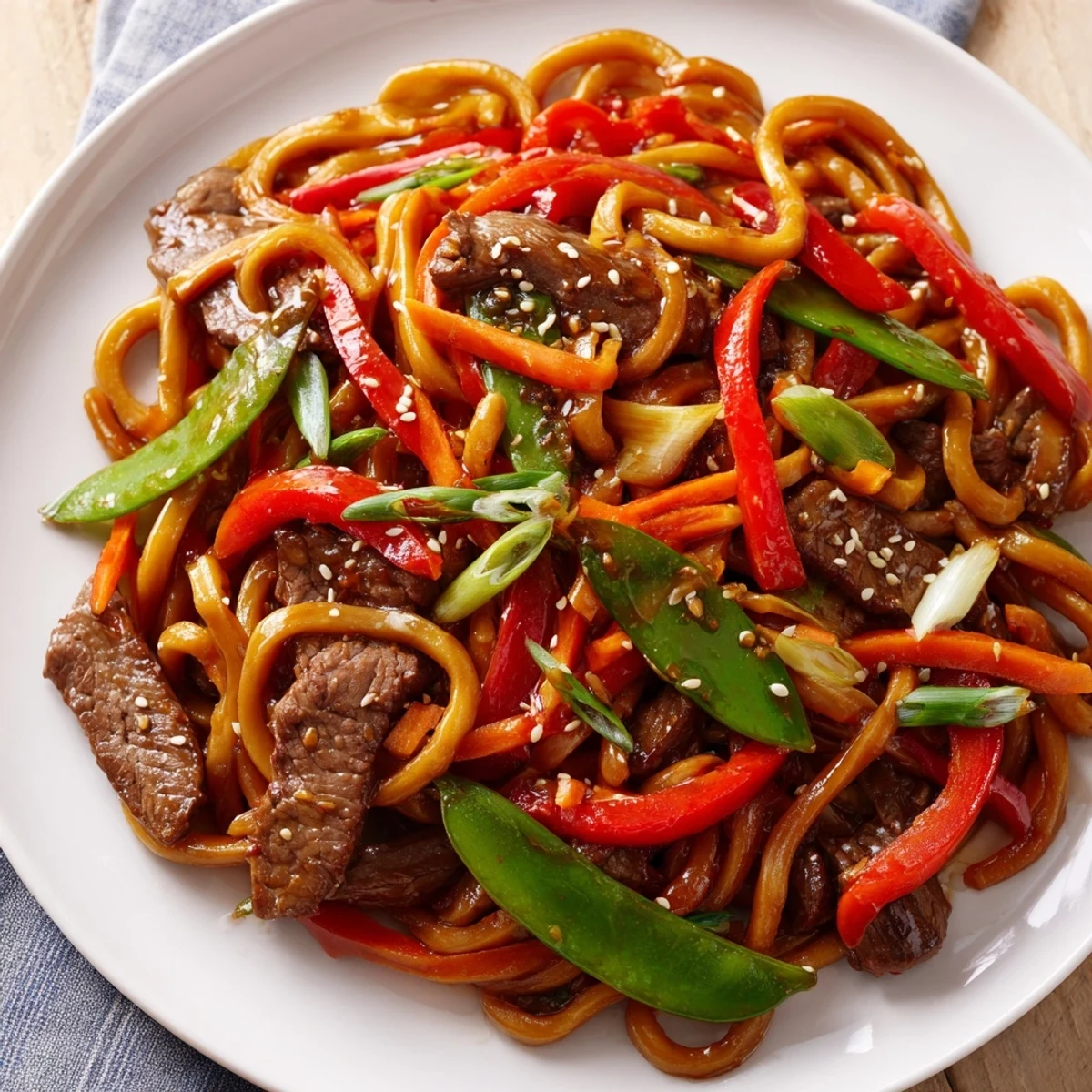 Steaming Spicy Beef Stir Fry with Udon Noodles, featuring tender beef slices, crisp red peppers, and chewy noodles glistening with sauce.