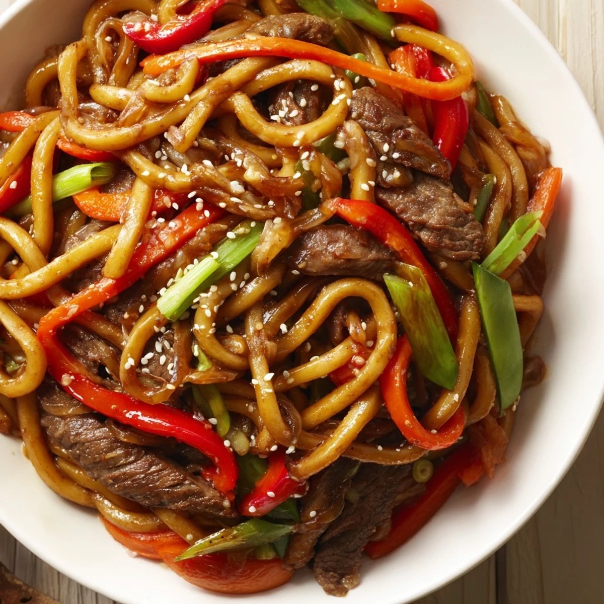 Plating a hearty serving of Spicy Beef Stir Fry with Udon Noodles, garnished with sesame seeds and spring onions, ready to enjoy.