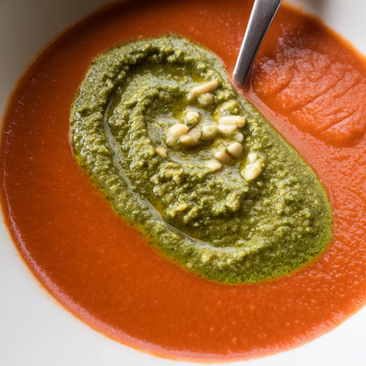 Overhead view of Creamy Tomato Soup with Basil Pesto, rich red-orange texture, pesto drizzle, and a linen napkin on a cozy wooden table.