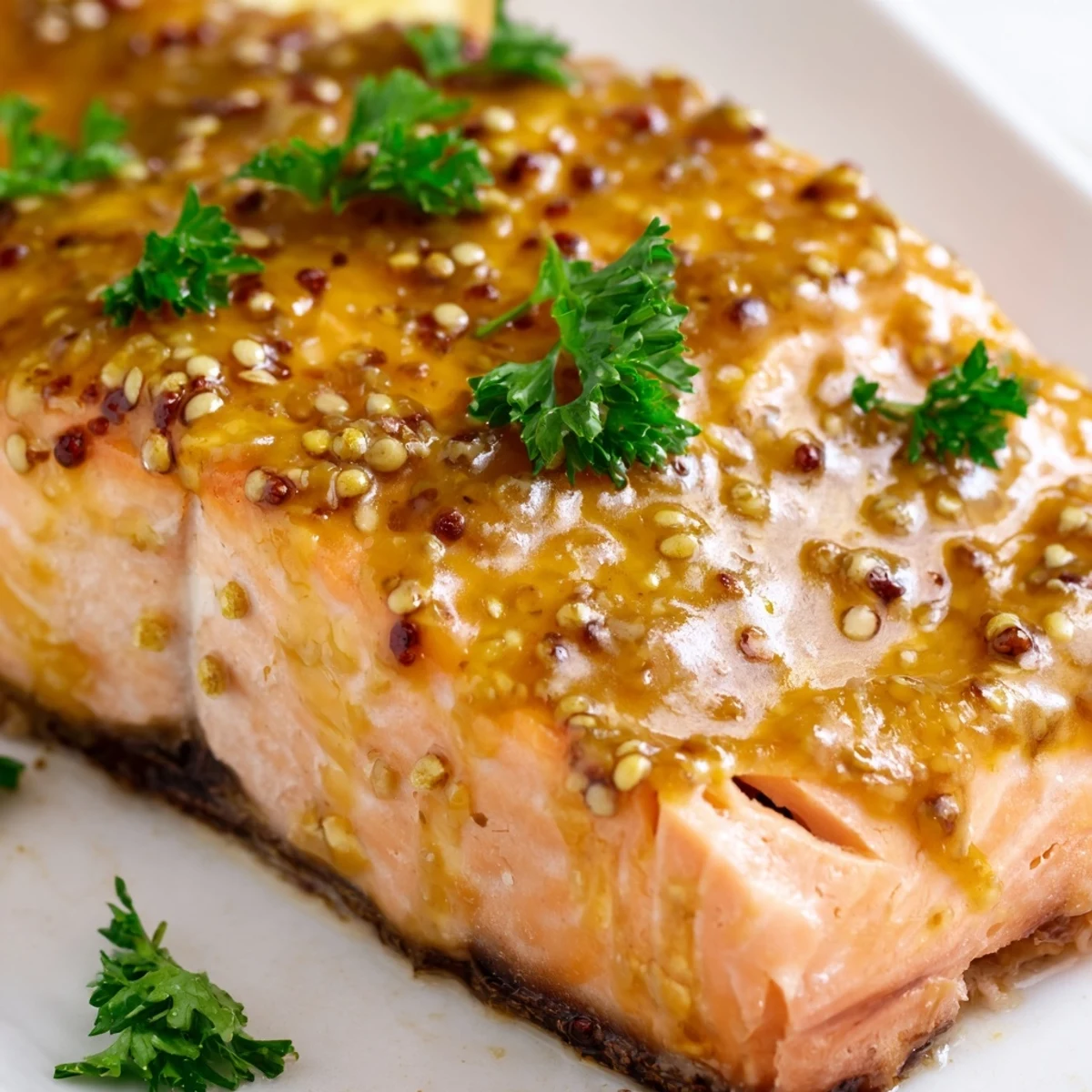 Oven-baked salmon fillet coated in a sweet honey mustard glaze, garnished with fresh parsley and lemon wedges for serving.