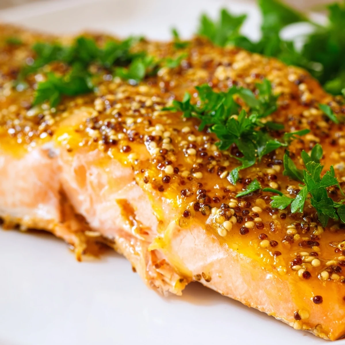 Flaky, tender Baked Salmon with Honey Mustard served alongside roasted vegetables and steamed rice for a wholesome meal.