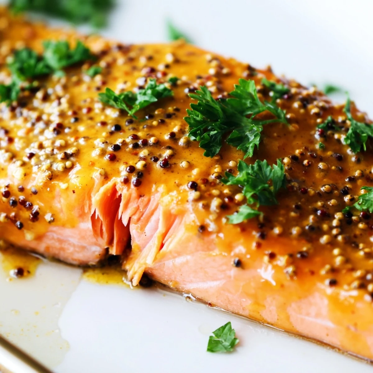 Freshly baked salmon fillet with sticky honey mustard glaze, resting on a parchment-lined baking sheet just out of the oven.