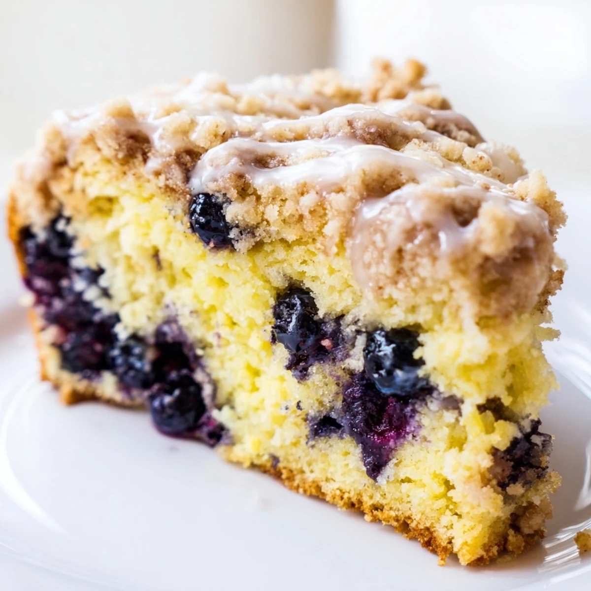 A close-up of Lemon Blueberry Coffee Cake reveals juicy blueberries and a light lemon glaze drizzle on top.