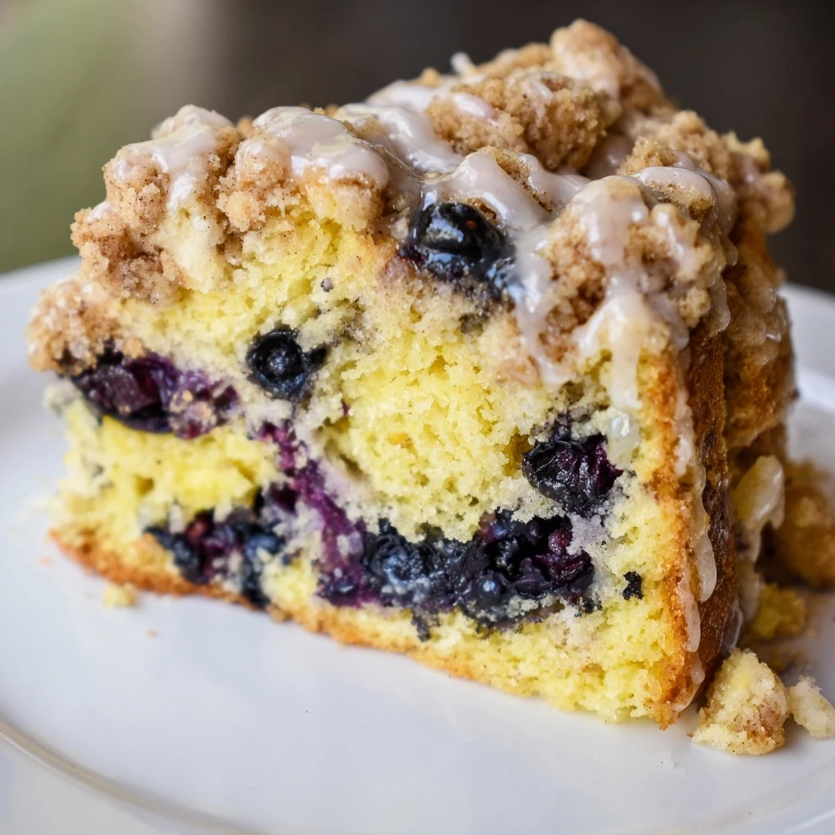 Freshly baked Lemon Blueberry Coffee Cake shows a golden crumb topping on a moist slice beside a cup of coffee.