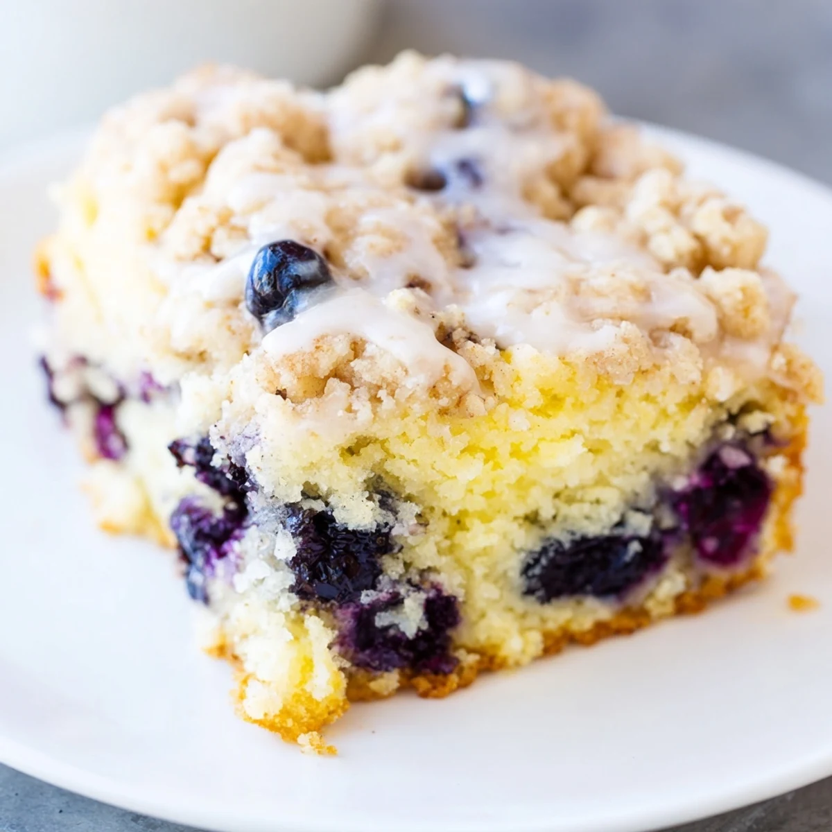 A rustic pan of Lemon Blueberry Coffee Cake sits on a linen napkin, ready for a spring brunch serving.