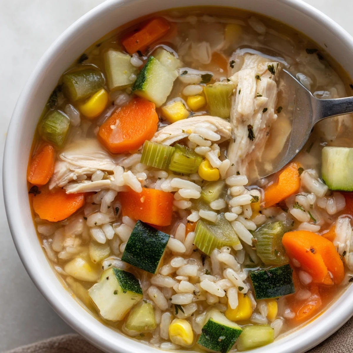 Spoon lifting a hearty portion of Chicken Vegetable Soup with Rice, revealing fluffy grains and colorful zucchini and green beans.