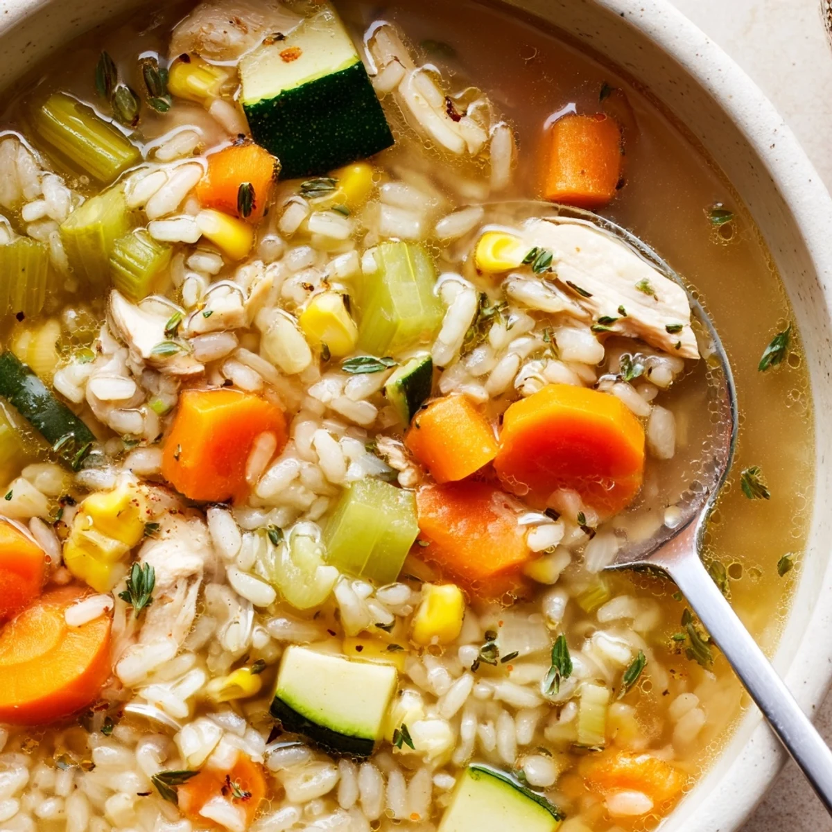 Fragrant Chicken Vegetable Soup with Rice steams in a rustic bowl, showcasing tender chicken pieces, vibrant carrots, and fresh parsley garnish.