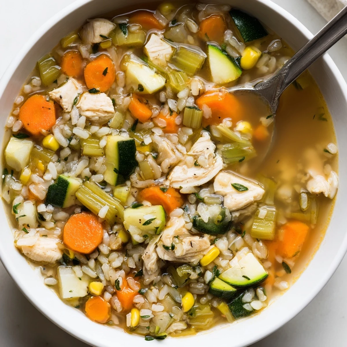 Homemade Chicken Vegetable Soup with Rice in a white bowl on a wooden table, served with crusty bread on the side.