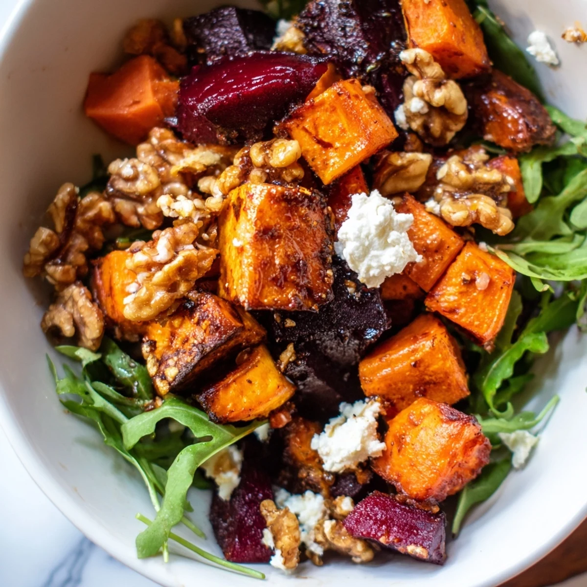 Golden, caramelized Roasted Root Vegetable Salad tossed with peppery arugula and tangy goat cheese.