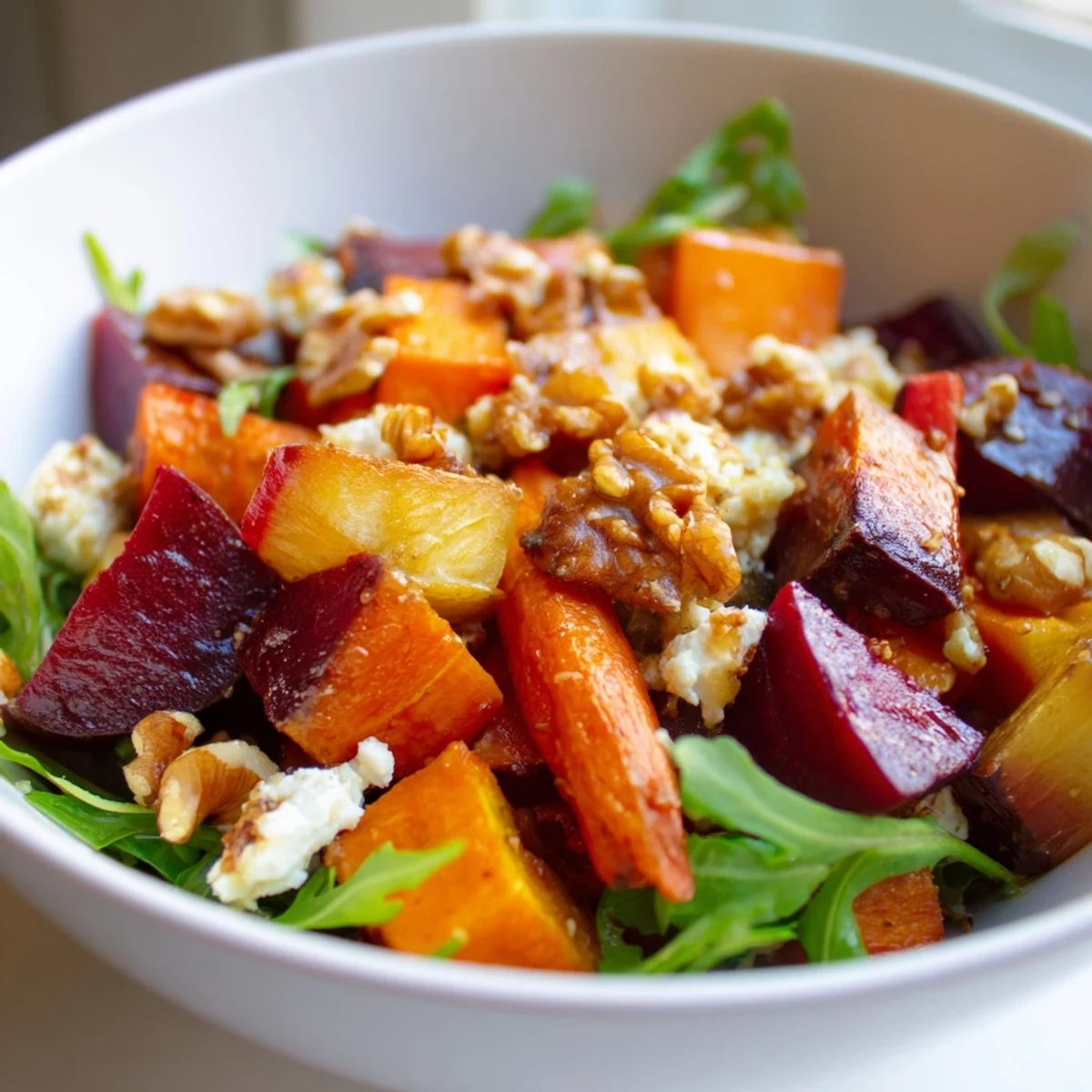 Colorful roasted root vegetables and creamy feta top a bed of fresh greens in this vibrant salad.