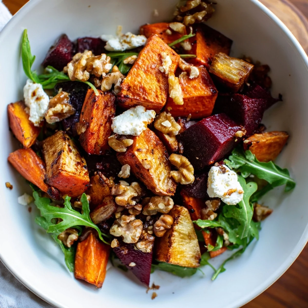 Hearty Roasted Root Vegetable Salad with walnuts and red onion drizzled with balsamic vinaigrette.